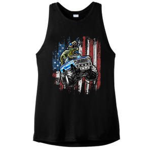 T Rex Dinosaur Monster Truck 4th of July American Flag Ladies PosiCharge Tri-Blend Wicking Tank