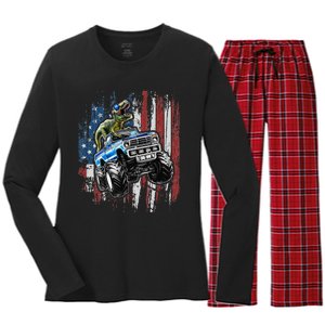 T Rex Dinosaur Monster Truck 4th of July American Flag Women's Long Sleeve Flannel Pajama Set 