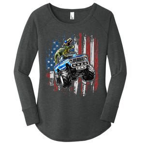 T Rex Dinosaur Monster Truck 4th of July American Flag Women's Perfect Tri Tunic Long Sleeve Shirt