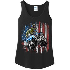 T Rex Dinosaur Monster Truck 4th of July American Flag Ladies Essential Tank