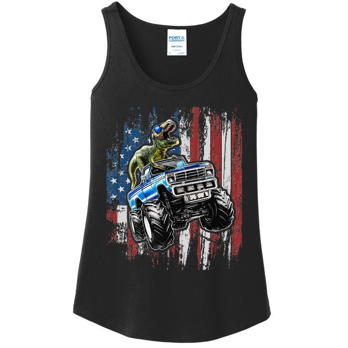 T Rex Dinosaur Monster Truck 4th of July American Flag Ladies Essential Tank