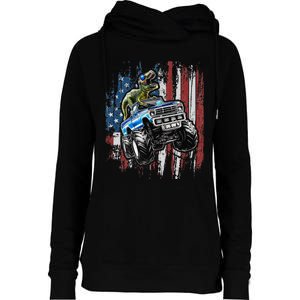 T Rex Dinosaur Monster Truck 4th of July American Flag Womens Funnel Neck Pullover Hood