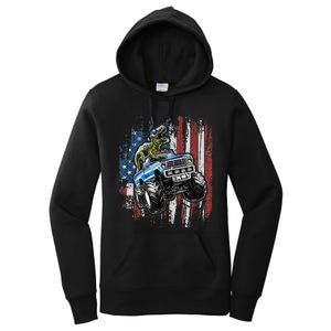 T Rex Dinosaur Monster Truck 4th of July American Flag Women's Pullover Hoodie