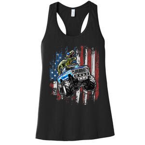 T Rex Dinosaur Monster Truck 4th of July American Flag Women's Racerback Tank