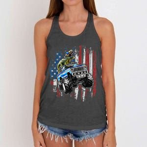 T Rex Dinosaur Monster Truck 4th of July American Flag Women's Knotted Racerback Tank