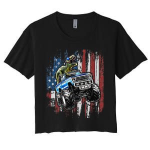 T Rex Dinosaur Monster Truck 4th of July American Flag Women's Crop Top Tee