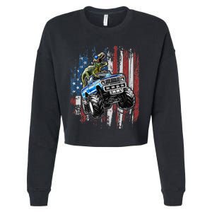 T Rex Dinosaur Monster Truck 4th of July American Flag Cropped Pullover Crew