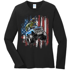 T Rex Dinosaur Monster Truck 4th of July American Flag Ladies Long Sleeve Shirt