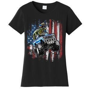 T Rex Dinosaur Monster Truck 4th of July American Flag Women's T-Shirt