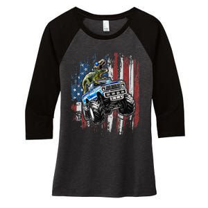 T Rex Dinosaur Monster Truck 4th of July American Flag Women's Tri-Blend 3/4-Sleeve Raglan Shirt