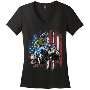 T Rex Dinosaur Monster Truck 4th of July American Flag Women's V-Neck T-Shirt