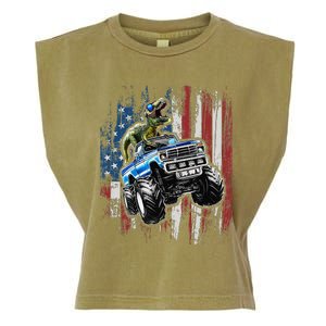 T Rex Dinosaur Monster Truck 4th of July American Flag Garment-Dyed Women's Muscle Tee