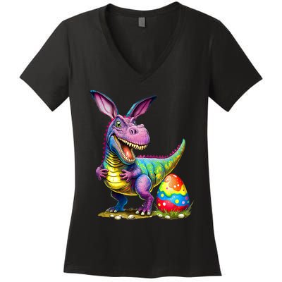 T Rex Dino Bunny Dinosaurs Hunt Eggs Happy Easter Women's V-Neck T-Shirt