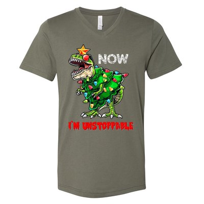 T Rex Dinosaur Christmas Now I'm Unstoppable Funny Dinosaur V-Neck T-Shirt