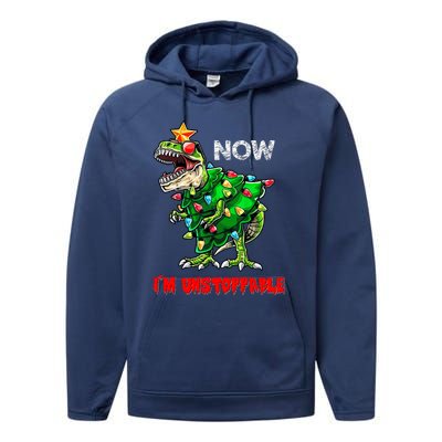 T Rex Dinosaur Christmas Now I'm Unstoppable Funny Dinosaur Performance Fleece Hoodie