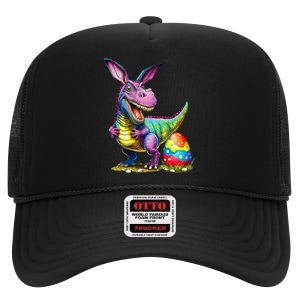 T Rex Dino Bunny Dinosaurs Hunt Eggs Happy Easter High Crown Mesh Back Trucker Hat