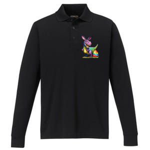 T Rex Dino Bunny Dinosaurs Hunt Eggs Happy Easter Performance Long Sleeve Polo