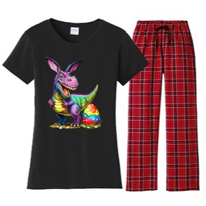 T Rex Dino Bunny Dinosaurs Hunt Eggs Happy Easter Women's Flannel Pajama Set