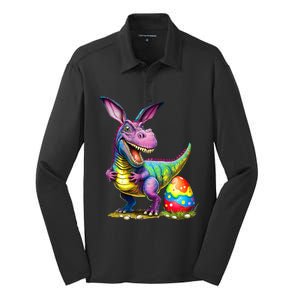 T Rex Dino Bunny Dinosaurs Hunt Eggs Happy Easter Silk Touch Performance Long Sleeve Polo