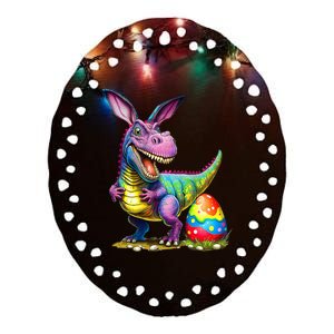 T Rex Dino Bunny Dinosaurs Hunt Eggs Happy Easter Ceramic Oval Ornament