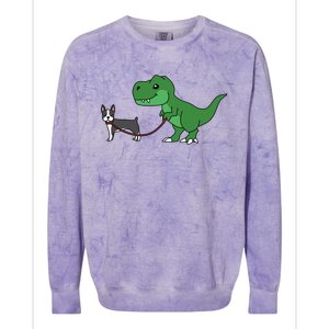 T Rex Dinosaur Walking Boston Terrier Funny Dog Gift Colorblast Crewneck Sweatshirt