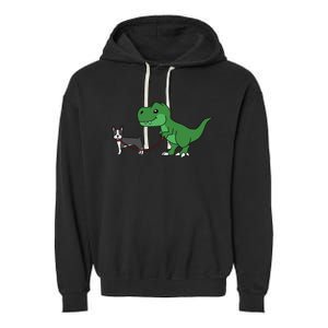 T Rex Dinosaur Walking Boston Terrier Funny Dog Gift Garment-Dyed Fleece Hoodie