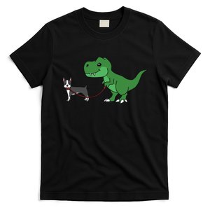 T Rex Dinosaur Walking Boston Terrier Funny Dog Gift T-Shirt