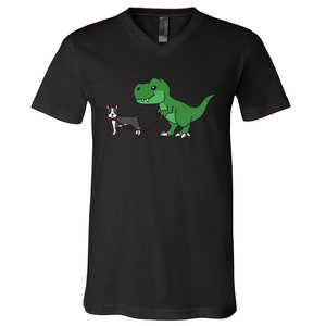 T Rex Dinosaur Walking Boston Terrier Funny Dog Gift V-Neck T-Shirt