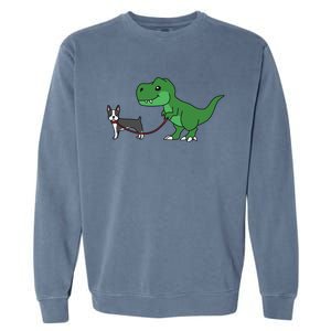 T Rex Dinosaur Walking Boston Terrier Funny Dog Gift Garment-Dyed Sweatshirt