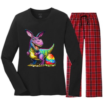 T Rex Dino Bunny Dinosaurs Hunt Eggs Happy Easter Women's Long Sleeve Flannel Pajama Set 