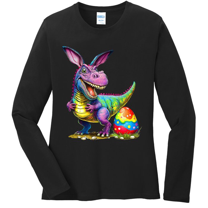 T Rex Dino Bunny Dinosaurs Hunt Eggs Happy Easter Ladies Long Sleeve Shirt