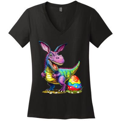 T Rex Dino Bunny Dinosaurs Hunt Eggs Happy Easter Women's V-Neck T-Shirt