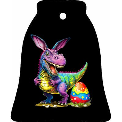 T Rex Dino Bunny Dinosaurs Hunt Eggs Happy Easter Ceramic Bell Ornament