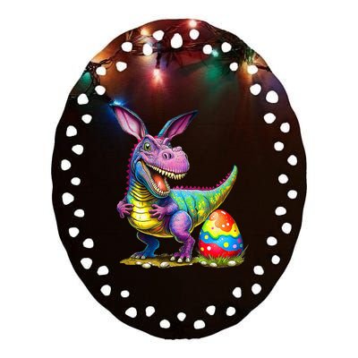 T Rex Dino Bunny Dinosaurs Hunt Eggs Happy Easter Ceramic Oval Ornament