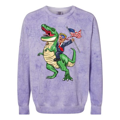 T Rex Dinosaur With Trump Gift American Flag For Patriot Gift Colorblast Crewneck Sweatshirt