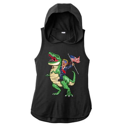 T Rex Dinosaur With Trump Gift American Flag For Patriot Gift Ladies PosiCharge Tri-Blend Wicking Draft Hoodie Tank