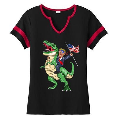 T Rex Dinosaur With Trump Gift American Flag For Patriot Gift Ladies Halftime Notch Neck Tee