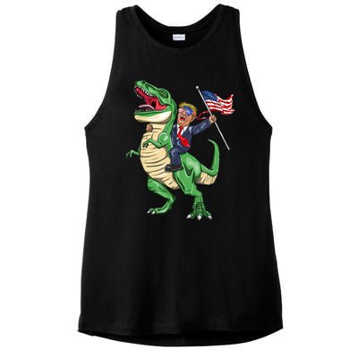 T Rex Dinosaur With Trump Gift American Flag For Patriot Gift Ladies PosiCharge Tri-Blend Wicking Tank