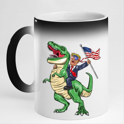 T Rex Dinosaur With Trump Gift American Flag For Patriot Gift 11oz Black Color Changing Mug