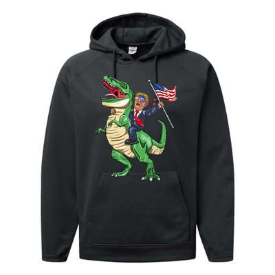 T Rex Dinosaur With Trump Gift American Flag For Patriot Gift Performance Fleece Hoodie