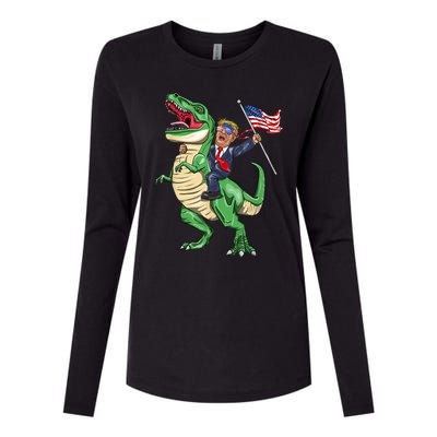 T Rex Dinosaur With Trump Gift American Flag For Patriot Gift Womens Cotton Relaxed Long Sleeve T-Shirt