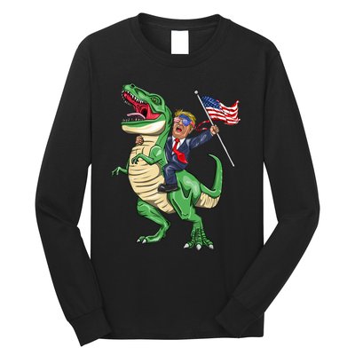 T Rex Dinosaur With Trump Gift American Flag For Patriot Gift Long Sleeve Shirt