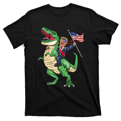 T Rex Dinosaur With Trump Gift American Flag For Patriot Gift T-Shirt