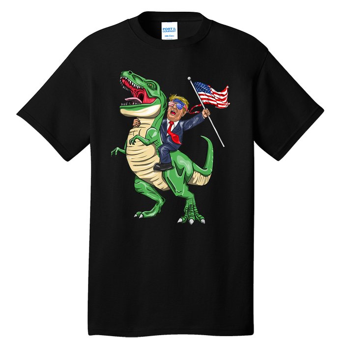 T Rex Dinosaur With Trump Gift American Flag For Patriot Gift Tall T-Shirt