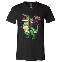 T Rex Dinosaur With Trump Gift American Flag For Patriot Gift V-Neck T-Shirt