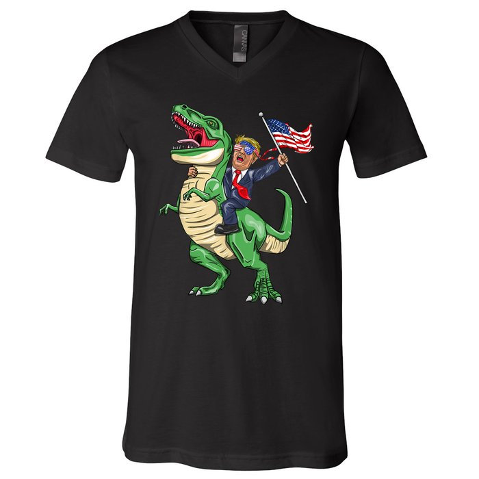 T Rex Dinosaur With Trump Gift American Flag For Patriot Gift V-Neck T-Shirt