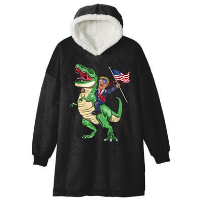 T Rex Dinosaur With Trump Gift American Flag For Patriot Gift Hooded Wearable Blanket