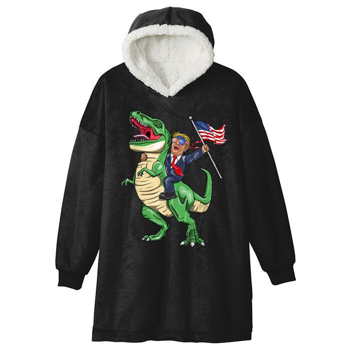 T Rex Dinosaur With Trump Gift American Flag For Patriot Gift Hooded Wearable Blanket