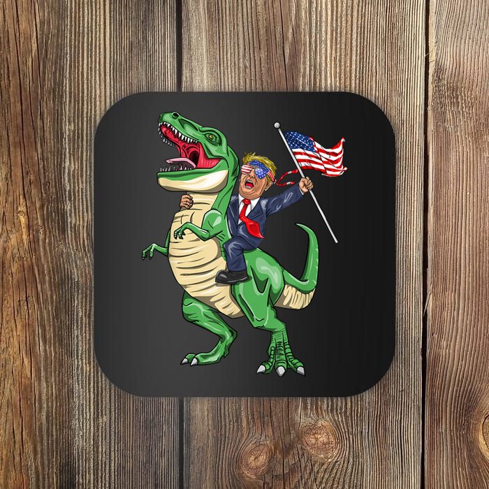 T Rex Dinosaur With Trump Gift American Flag For Patriot Gift Coaster