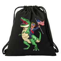 T Rex Dinosaur With Trump Gift American Flag For Patriot Gift Drawstring Bag